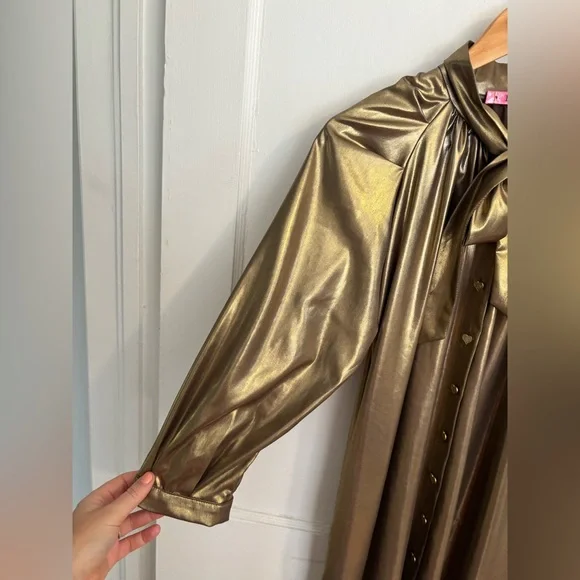 BURU Gold Lamé Long Sleeve Button Up Bow Midi Dress Size XS - Picture 8 of 14